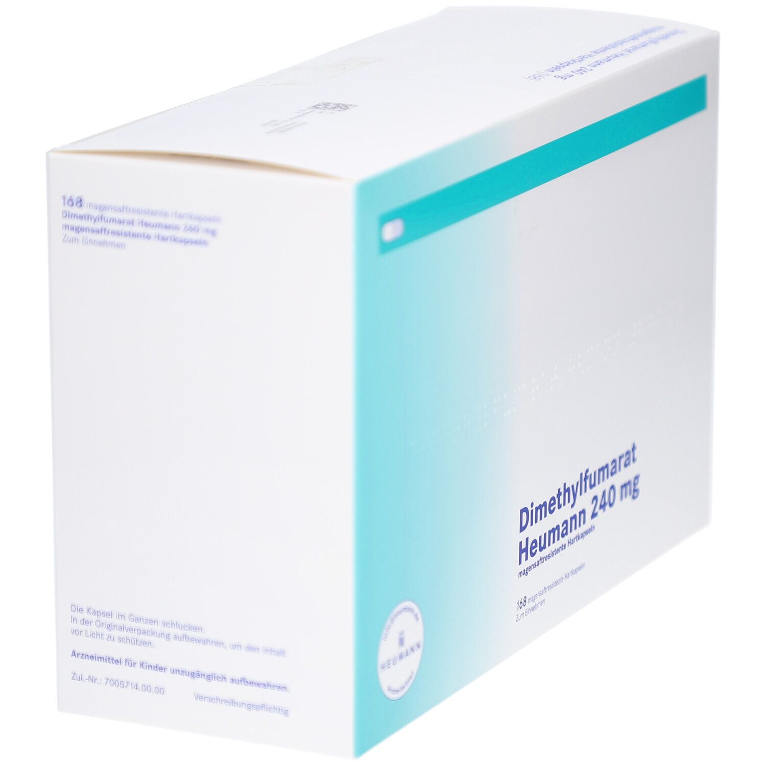 Weiße Faltschachtel mit blauem Streifen. Aufdruck: Dimethylfumarat Heumann 240 mg, 168 magensaftresistente Hartkapseln. Heumann Logo.