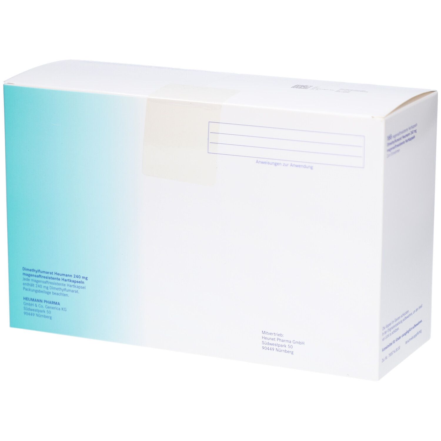 Weiße Faltschachtel mit blauem Farbverlauf. Aufdruck: Dimethylfumarat Heumann 240 mg. Rückseite mit Text und Adressangaben.
