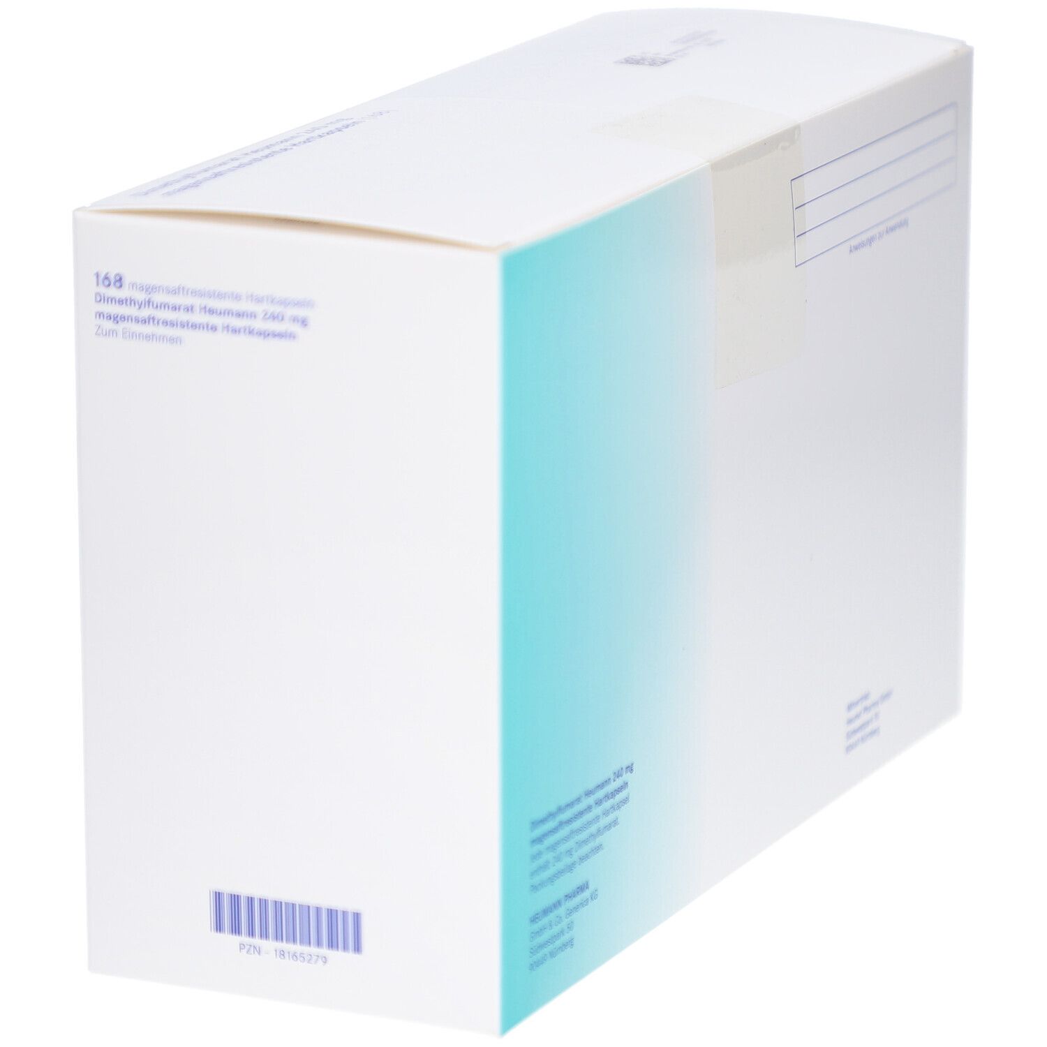 Weiße Faltschachtel mit blauem Farbverlauf. Aufdruck: Dimethylfumarat Heumann 240 mg. Rückseite mit Text und Barcode.