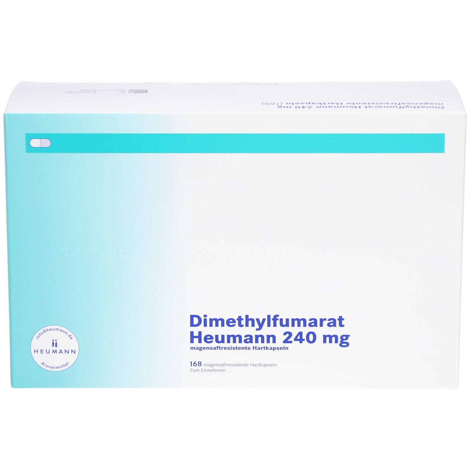 Weiße Faltschachtel mit blauem Farbverlauf. Aufdruck: Dimethylfumarat Heumann 240 mg, 168 magensaftresistente Hartkapseln. Heumann Logo.