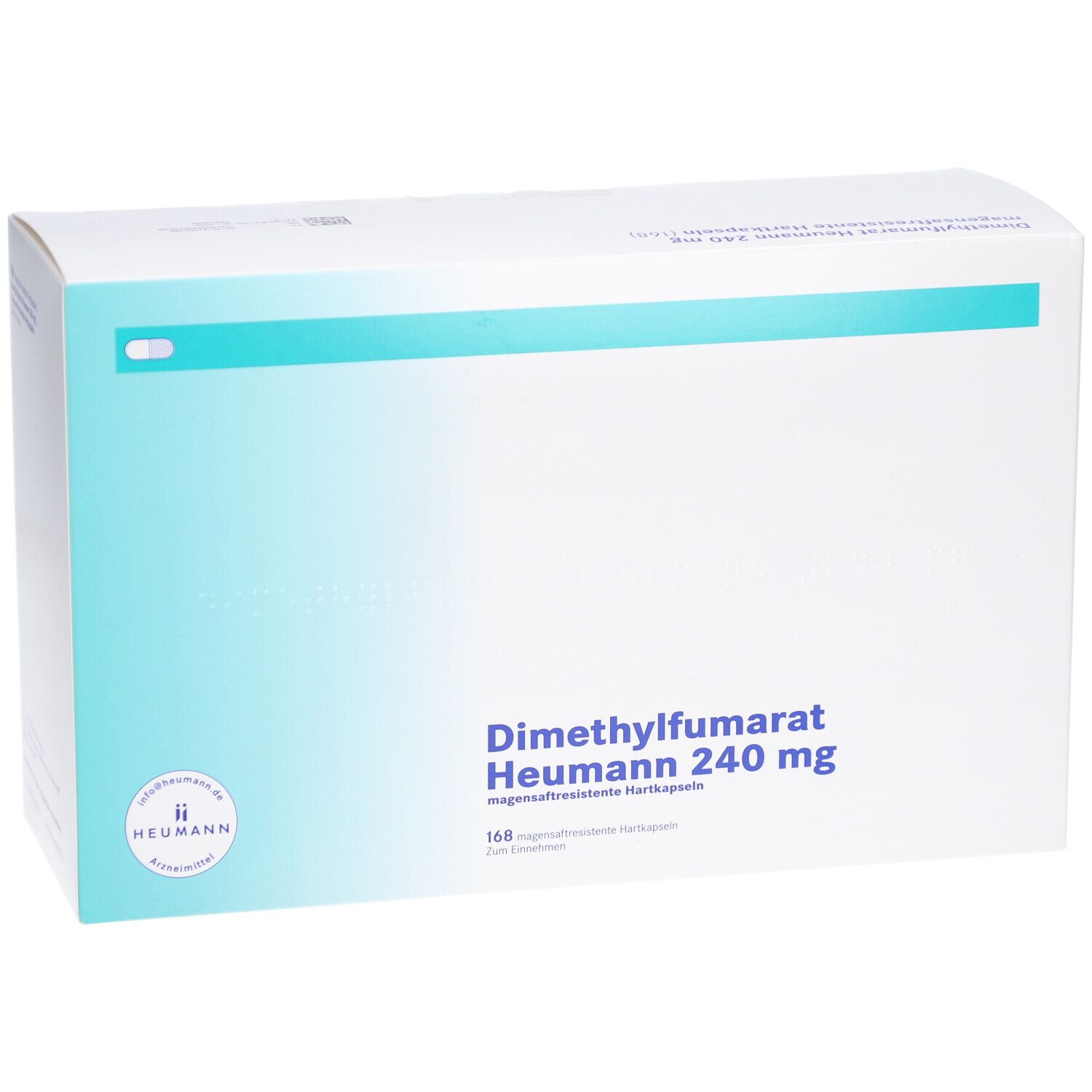Weiße Faltschachtel mit blauem Farbverlauf. Aufdruck: Dimethylfumarat Heumann 240 mg, 168 magensaftresistente Hartkapseln. Heumann Logo.