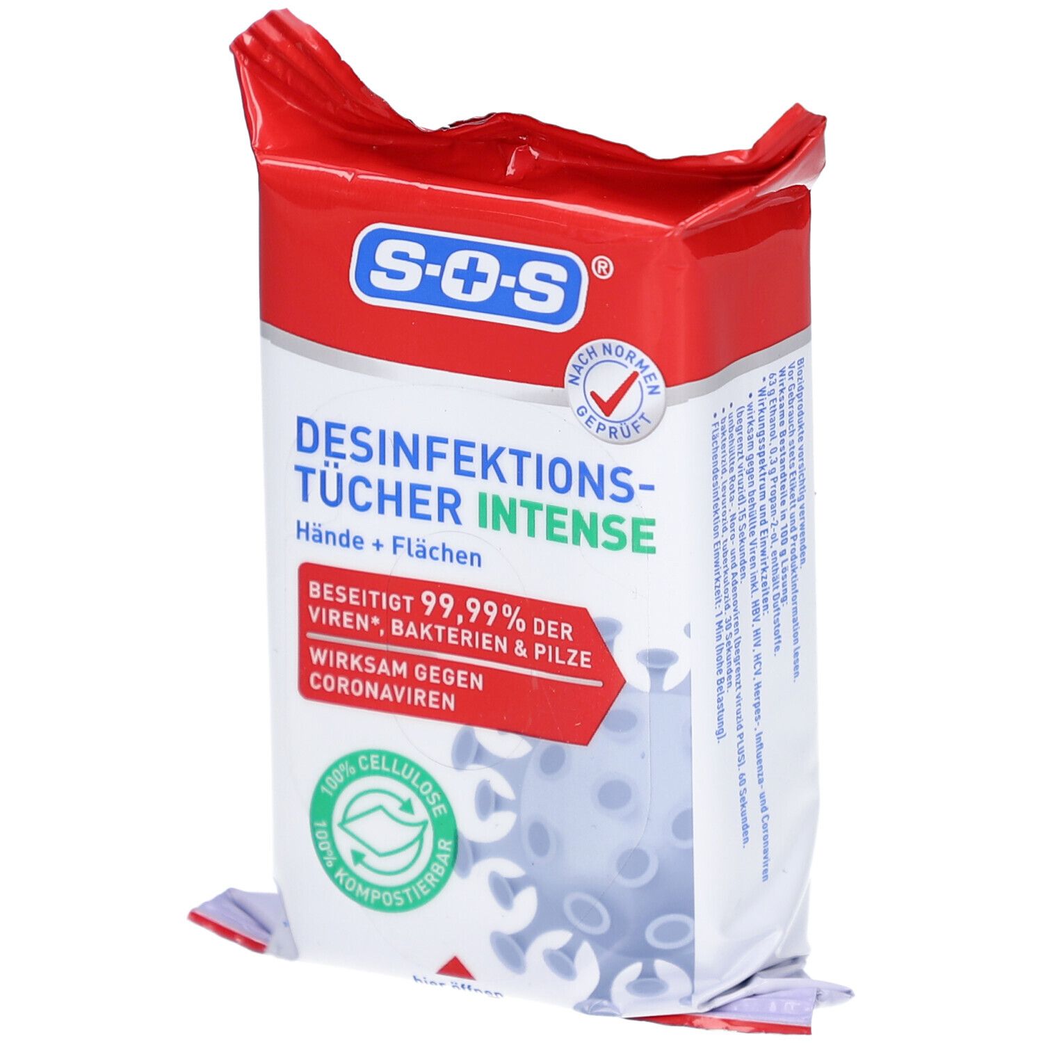 Verpackung von SOS® Desinfektionstüchern INTENSE. Rote und weiße Verpackung mit Produktinformationen und Logo. Enthält 100% Zellulose.