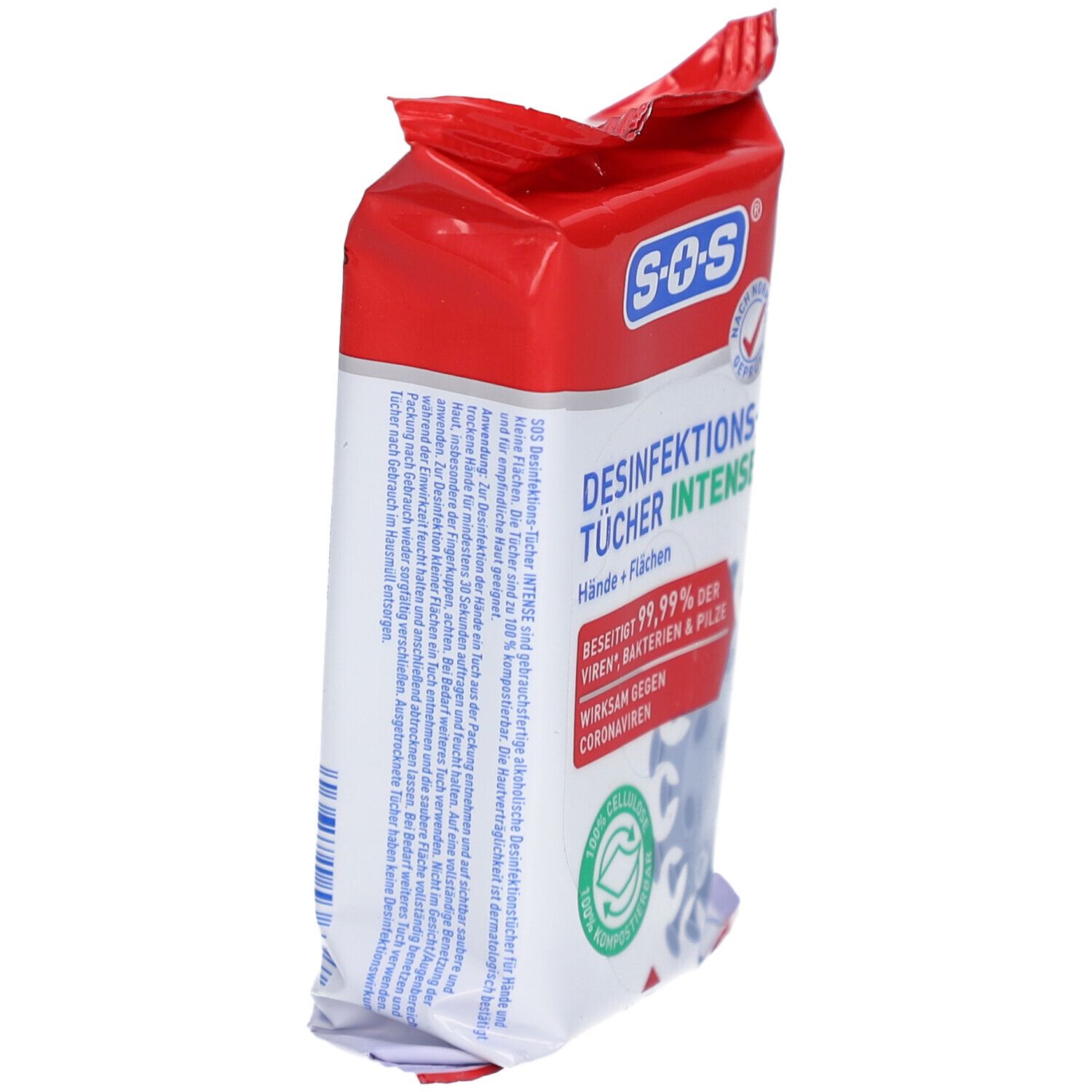 Schrägansicht der Verpackung von SOS® Desinfektionstüchern INTENSE. Rote und weiße Verpackung mit Produktinformationen und Logo.