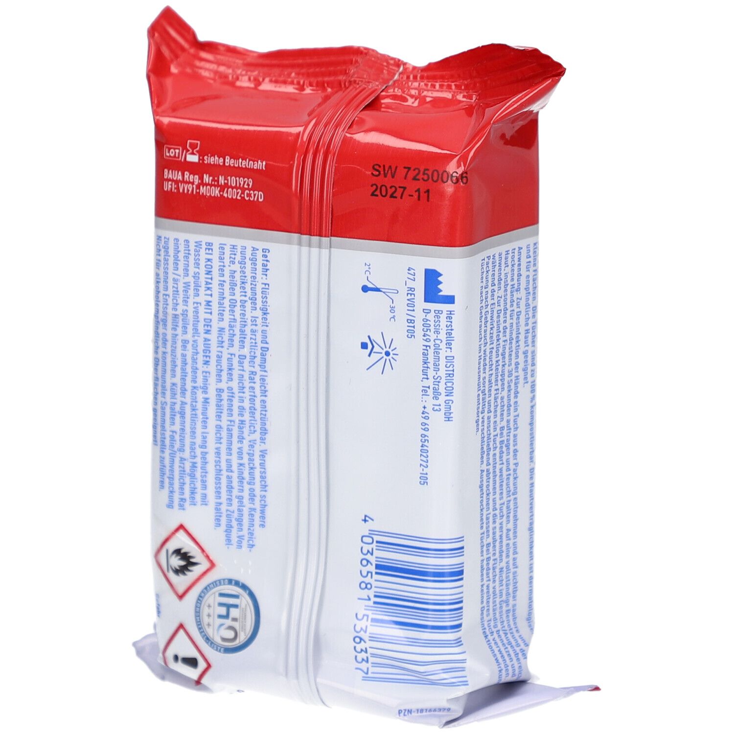 Rückseite der Verpackung von SOS® Desinfektionstüchern INTENSE. Enthält Produktinformationen, Warnhinweise und Herstelleradresse.