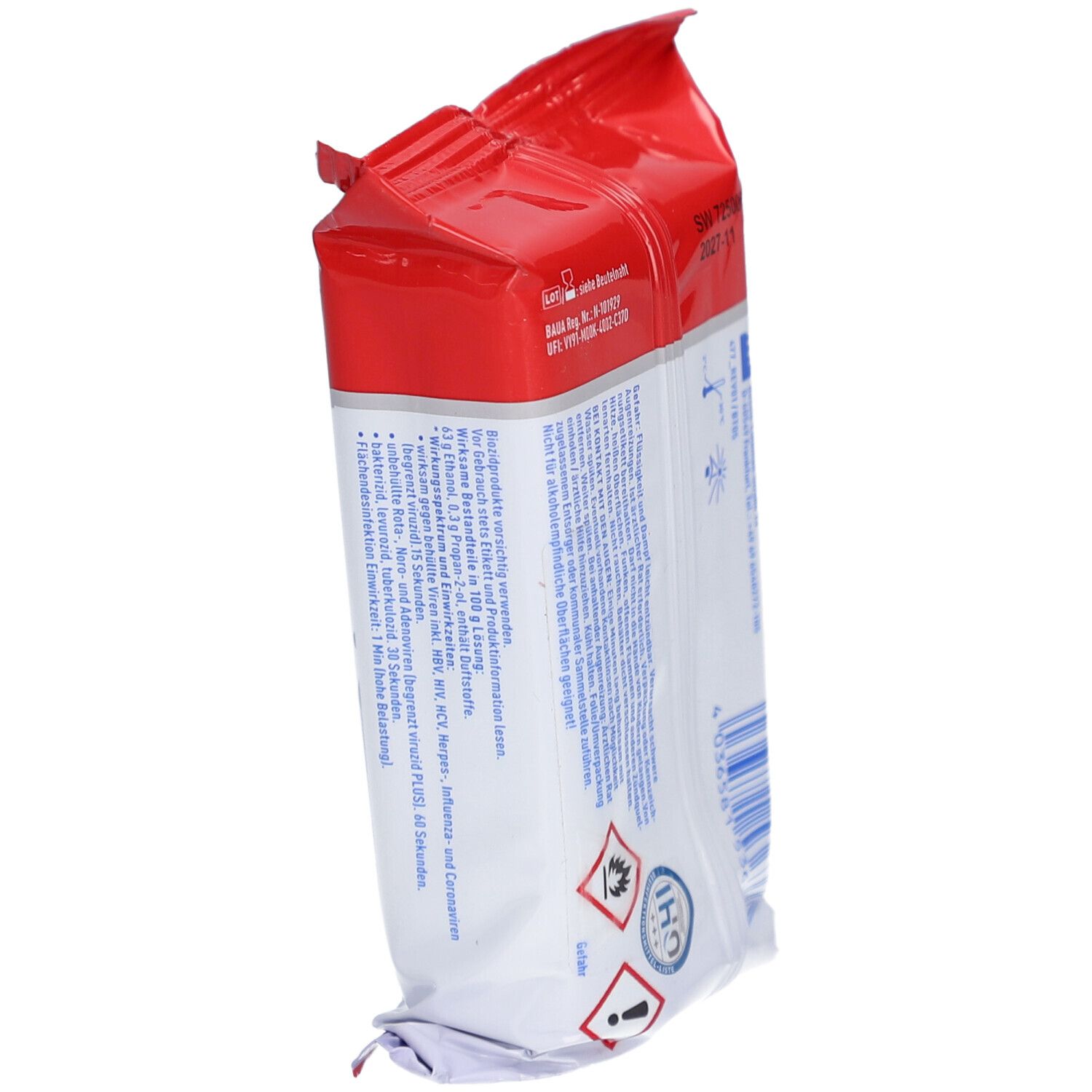 Schrägansicht der Rückseite der Verpackung von SOS® Desinfektionstüchern INTENSE. Enthält Produktinformationen und Warnhinweise.