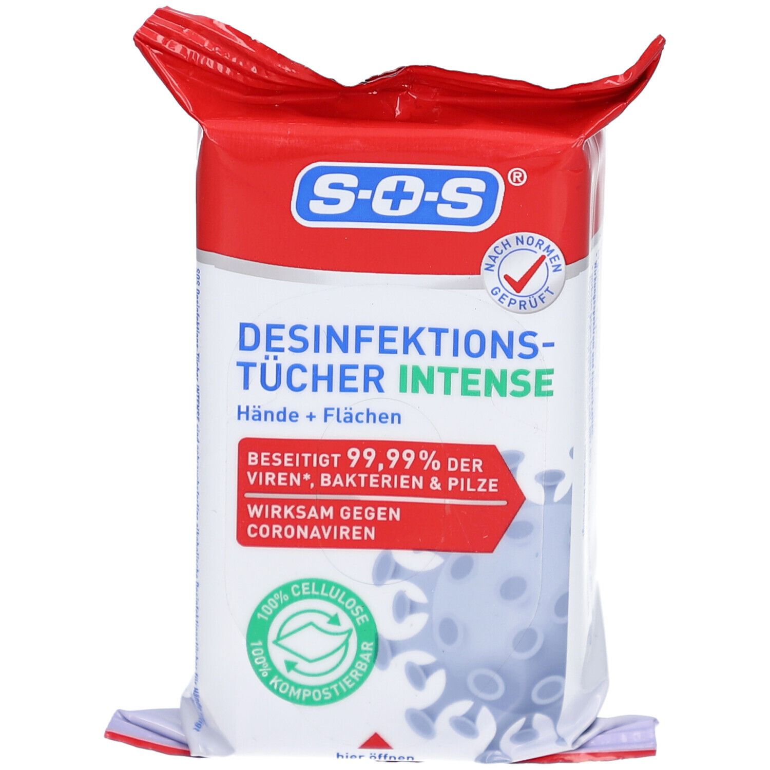 Verpackung von SOS® Desinfektionstüchern INTENSE. Rote und weiße Verpackung mit Produktinformationen und Logo. Enthält 100% Zellulose.