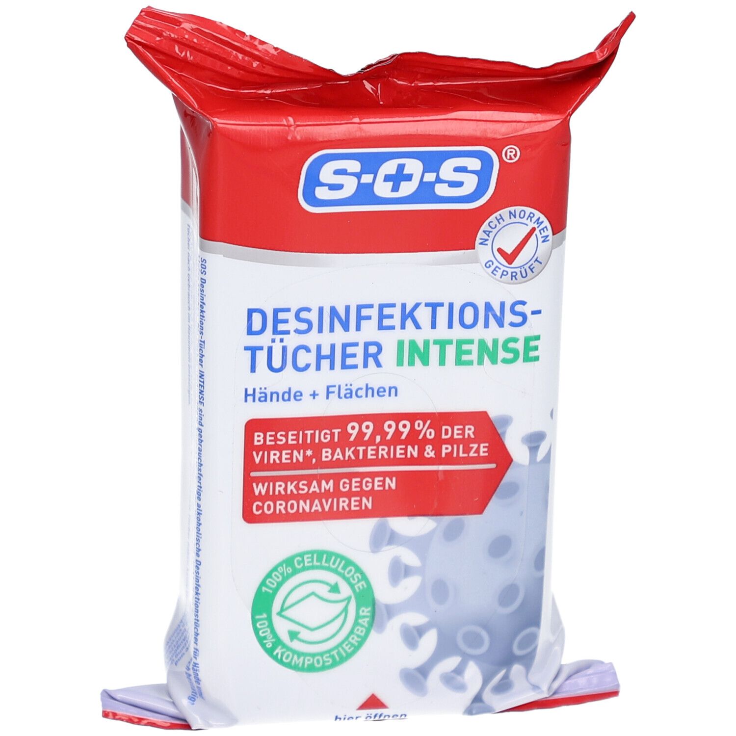 Verpackung von SOS® Desinfektionstüchern INTENSE. Rote und weiße Verpackung mit Produktinformationen und Logo. Enthält 100% Zellulose.