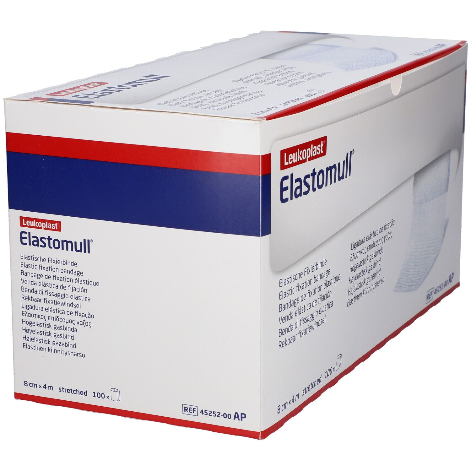 Elastomull Fixierbinde-Box. Aufschrift: 8 cm x 4 m stretched. Marke: Leukoplast. Enthält mehrere Rollen. Box mit rotem und blauem Streifen.