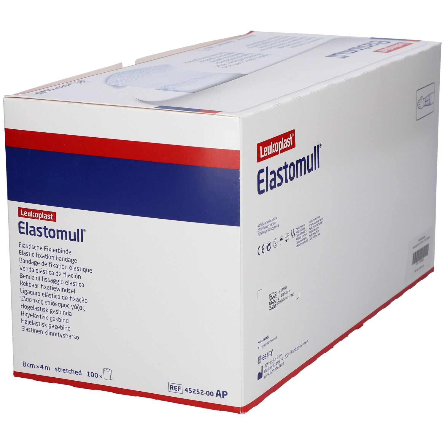Elastomull Fixierbinde-Box. Aufschrift: 8 cm x 4 m stretched. Marke: Leukoplast. Box mit rotem und blauem Streifen.