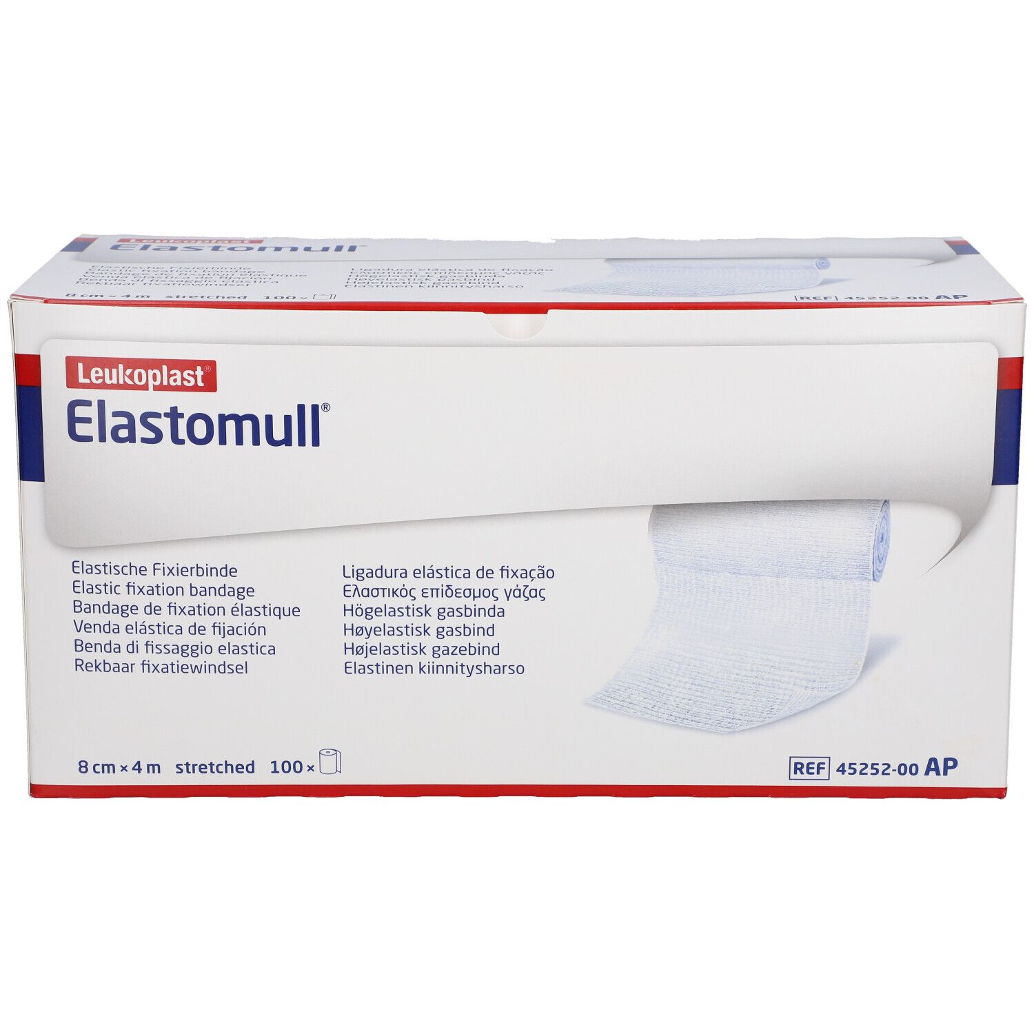 Elastomull Fixierbinde-Box. Enthält eine Rolle. Aufschrift: 8 cm x 4 m stretched. Marke: Leukoplast.