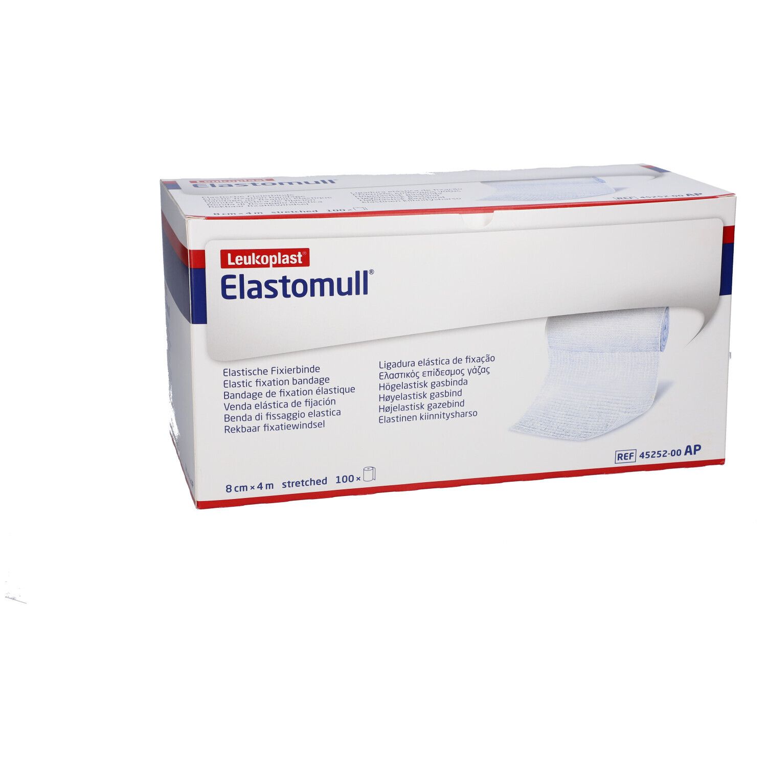 Elastomull Fixierbinde-Box. Enthält eine Rolle. Aufschrift: 8 cm x 4 m stretched. Marke: Leukoplast.