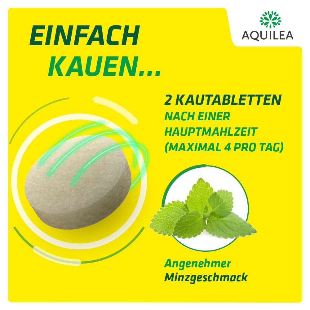 Tablette mit grünen Linien. Text: Einfach kauen. 2 Kautabletten nach einer Hauptmahlzeit. Minzgeschmack.