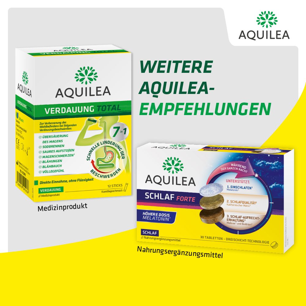 Zwei Produktverpackungen. Aquilea Verdauung Total und Aquilea Schlaf Forte. Beide mit Produktnamen und Logo.