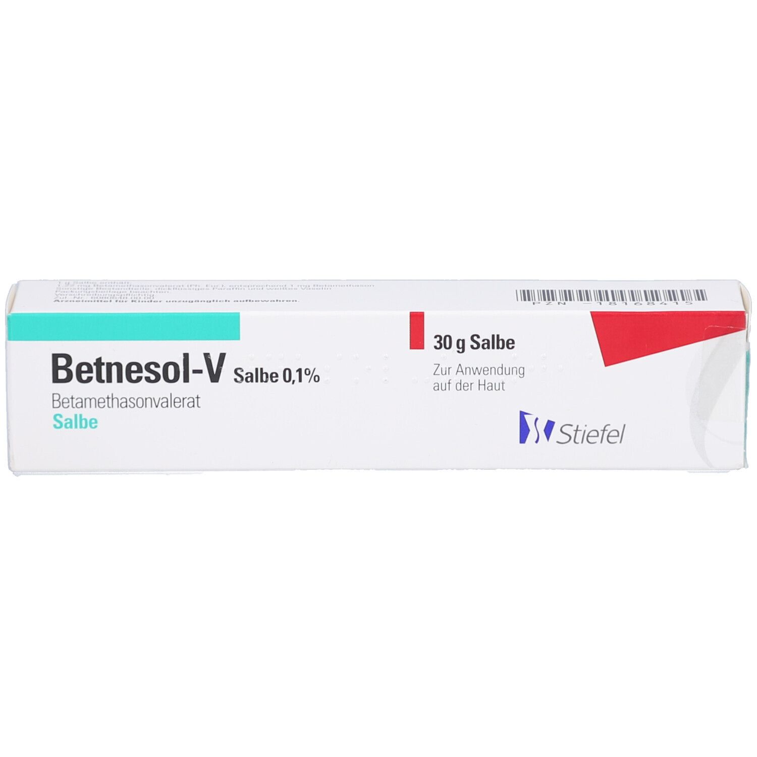 Weiße Faltschachtel mit grünen und roten Akzenten. Beschriftung: Betnesol-V Salbe 0,1%. Enthält 30g Salbe.