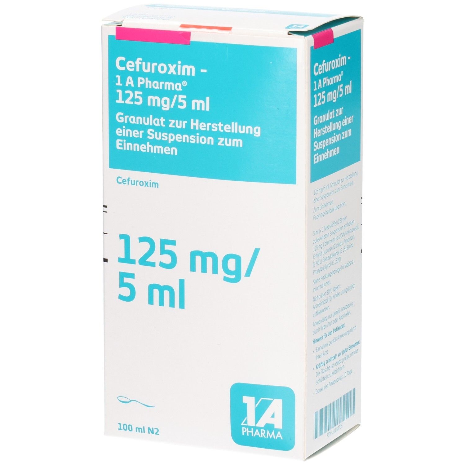Verpackung Cefuroxim 1A Pharma 125 mg/5 ml Granulat zur Herstellung einer Suspension.