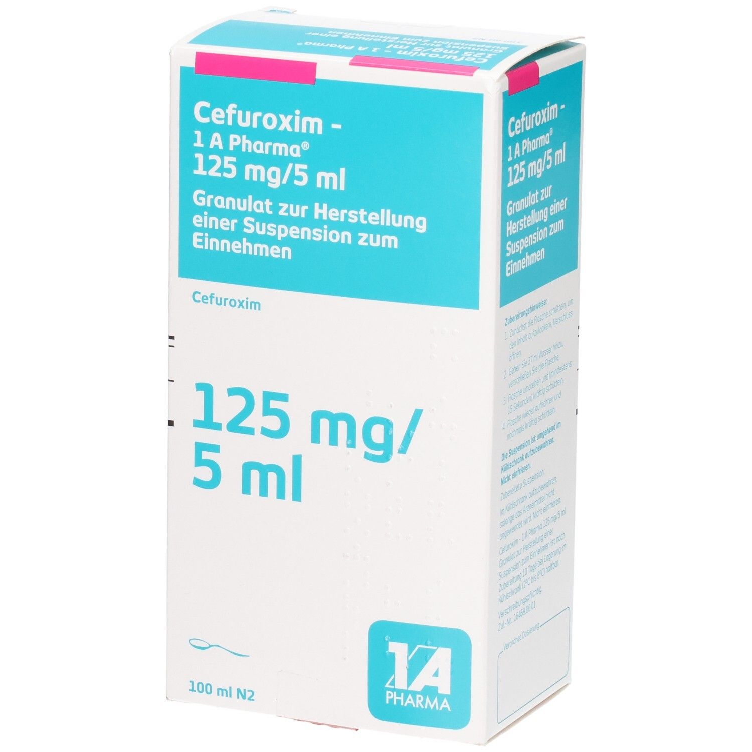 Verpackung Cefuroxim 1A Pharma 125 mg/5 ml Granulat zur Herstellung einer Suspension.