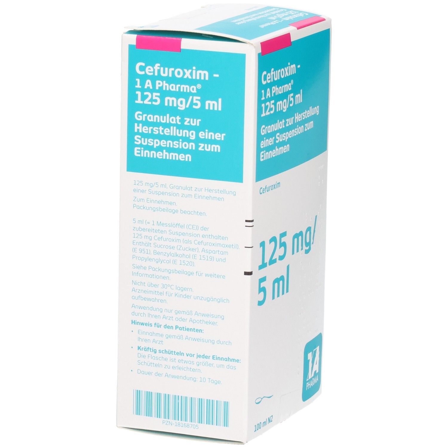 Seitenansicht der Verpackung Cefuroxim 1A Pharma 125 mg/5 ml Granulat zur Herstellung einer Suspension.
