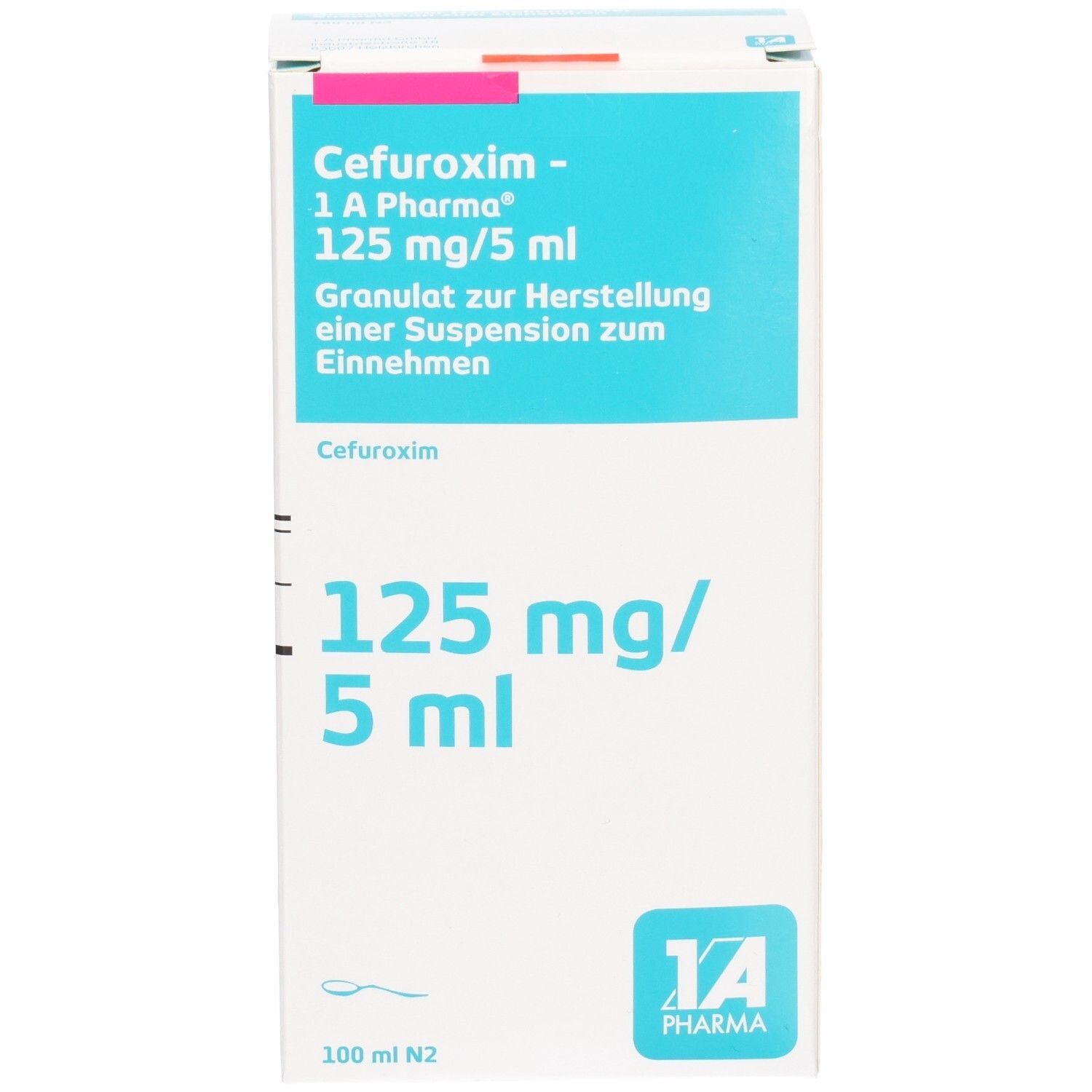 Verpackung Cefuroxim 1A Pharma 125 mg/5 ml Granulat zur Herstellung einer Suspension.