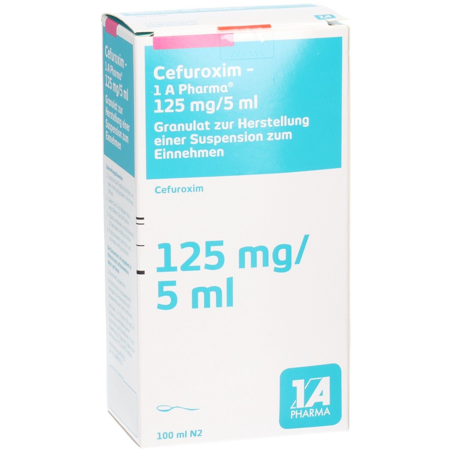 Verpackung Cefuroxim 1A Pharma 125 mg/5 ml Granulat zur Herstellung einer Suspension.