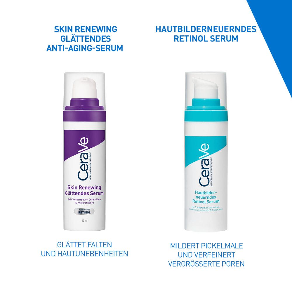 Zwei CeraVe Seren: Skin Renewing Glättendes Anti-Aging Serum und Hautbilderneuendes Retinol Serum.