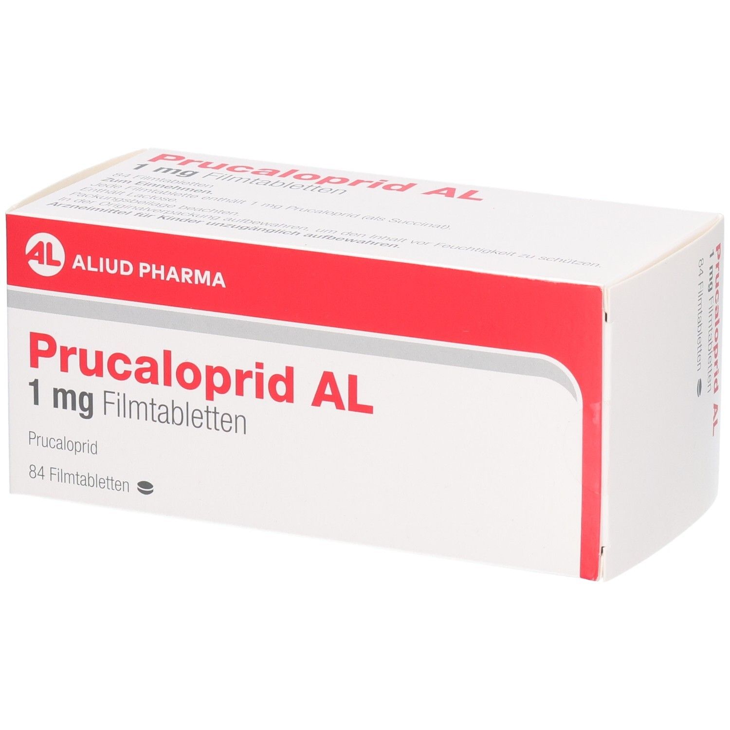 Schachtel mit PRUCALOPRID AL 1 mg Filmtabletten. Weiß, rot. Aufschrift: AL, PRUCALOPRID AL 1 mg Filmtabletten, 84 Filmtabletten.