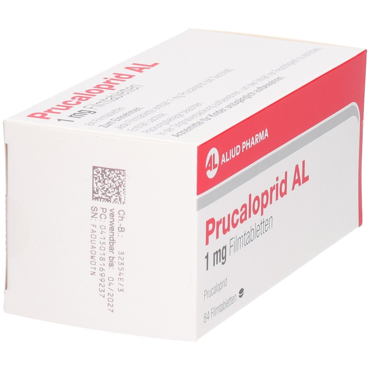 Schachtel PRUCALOPRID AL 1 mg Filmtabletten. Weiß, rot. Aufschrift: AL, PRUCALOPRID AL 1 mg Filmtabletten. Barcode und Chargennummer.