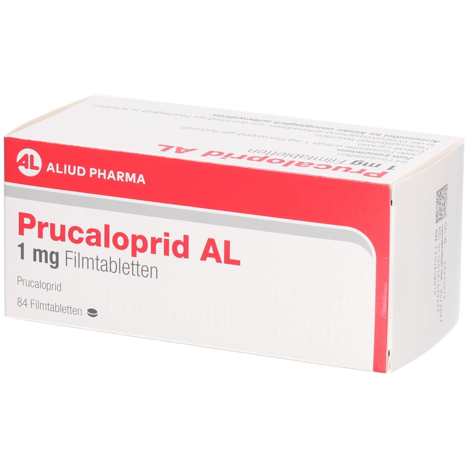 Schachtel mit PRUCALOPRID AL 1 mg Filmtabletten. Weiß, rot. Aufschrift: AL, PRUCALOPRID AL 1 mg Filmtabletten, 84 Filmtabletten.