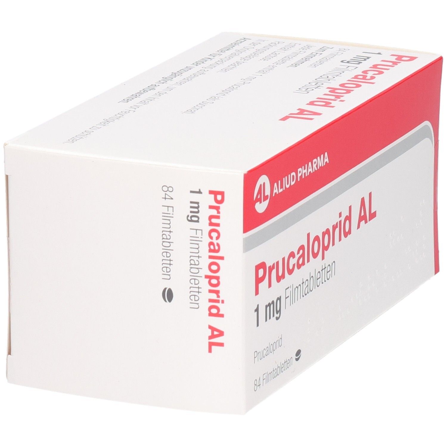 Schachtel mit PRUCALOPRID AL 1 mg Filmtabletten. Weiß, rot. Aufschrift: AL, PRUCALOPRID AL 1 mg Filmtabletten, 84 Filmtabletten.