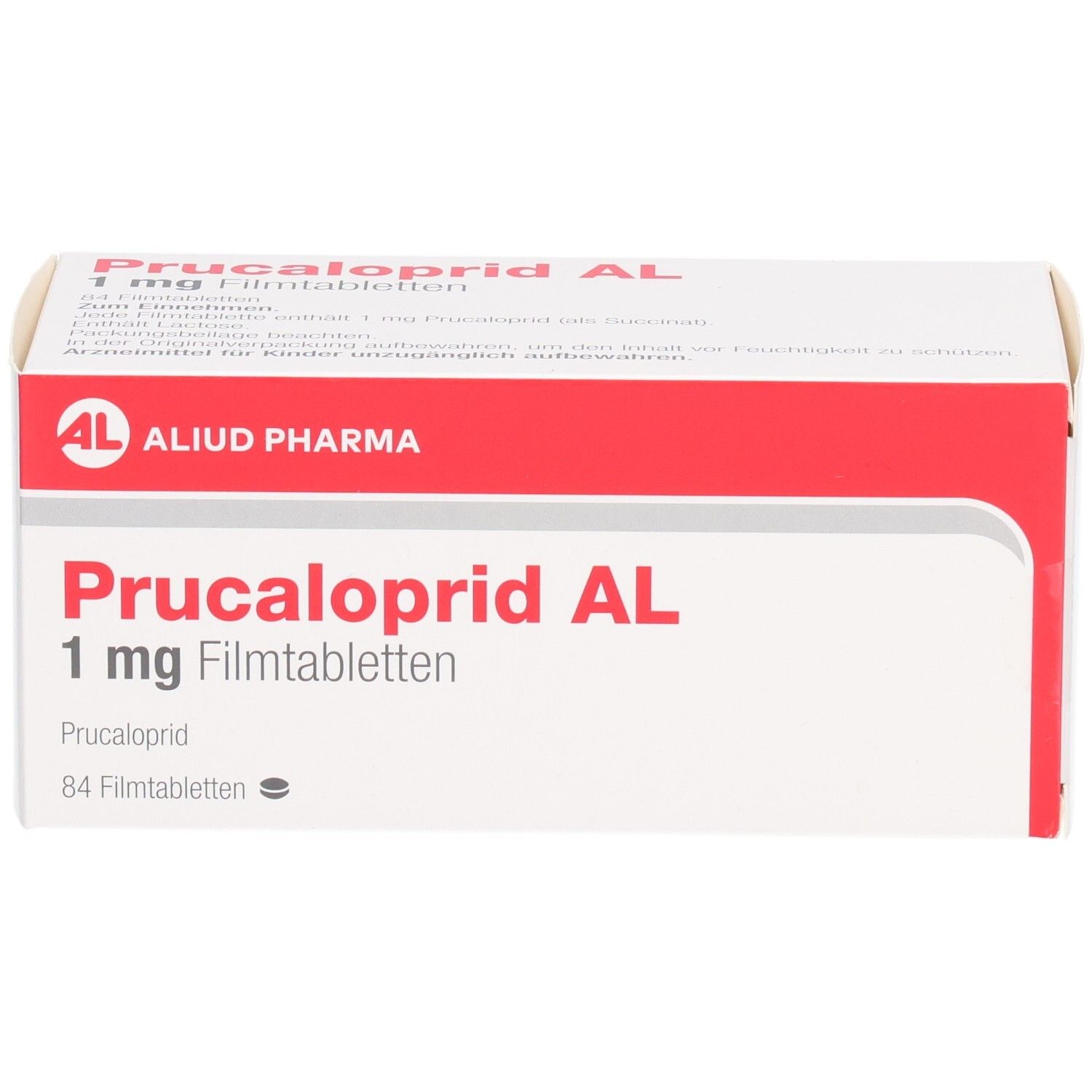 Schachtel mit PRUCALOPRID AL 1 mg Filmtabletten. Weiß, rot. Aufschrift: AL, PRUCALOPRID AL 1 mg Filmtabletten, 84 Filmtabletten.