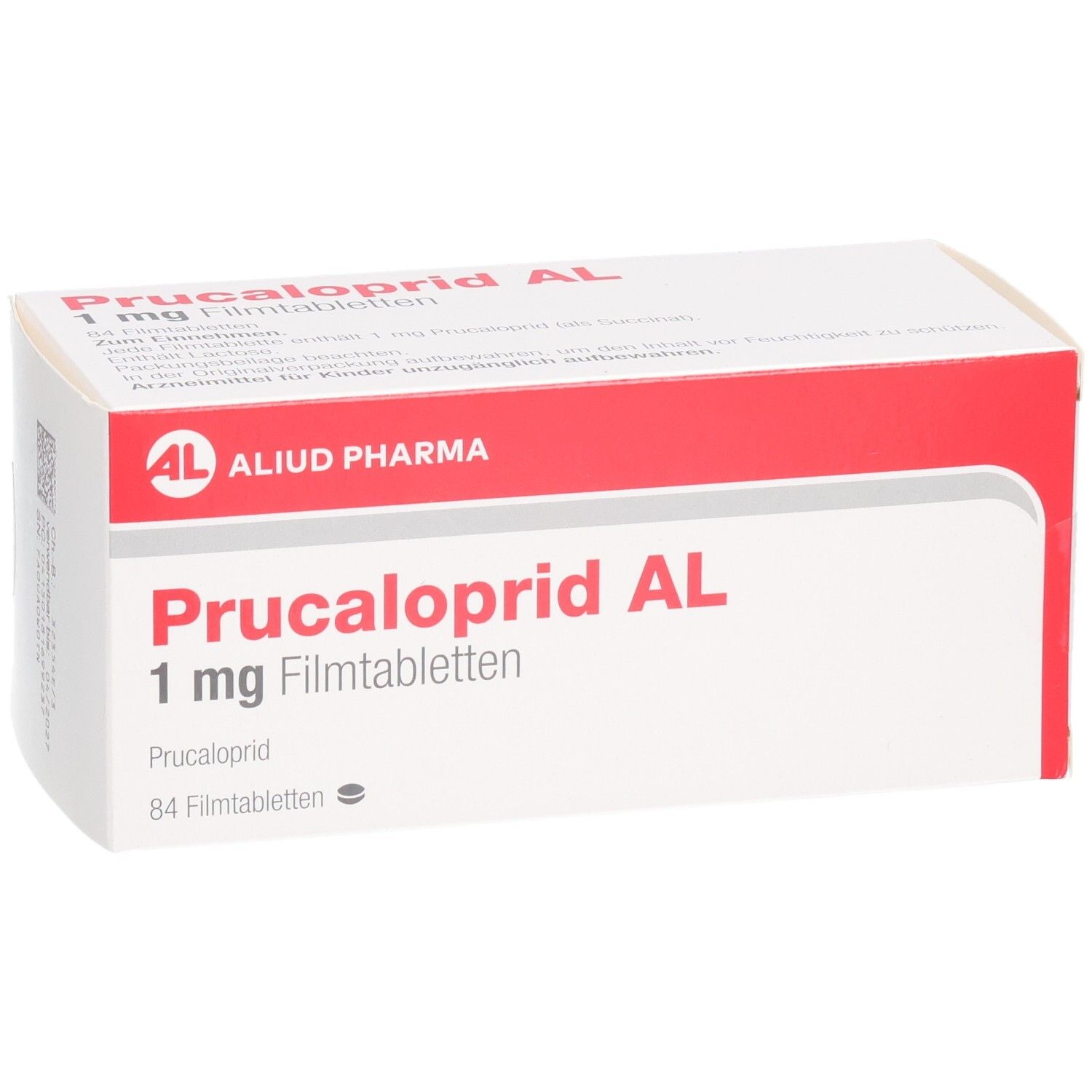 Schachtel mit PRUCALOPRID AL 1 mg Filmtabletten. Weiß, rot. Aufschrift: AL, PRUCALOPRID AL 1 mg Filmtabletten, 84 Filmtabletten.