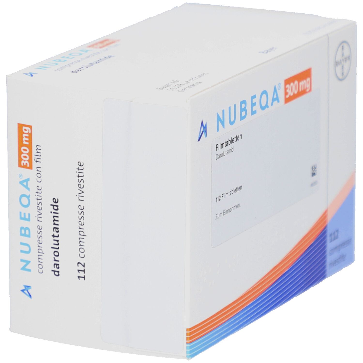 Schachtel NUBEQA 300 mg Filmtabletten. Aufdruck: 112 compresse rivestite con film, Bayer-Logo. Weiße Verpackung mit blauen und orangen Akzenten.