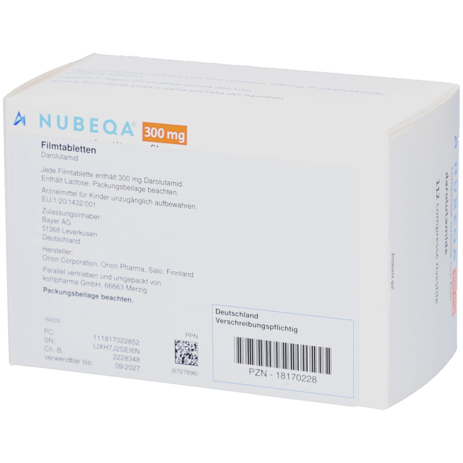 Rückseite der Schachtel NUBEQA 300 mg Filmtabletten. Textinformationen, Barcode, Herstellerangaben. Weiße Verpackung.