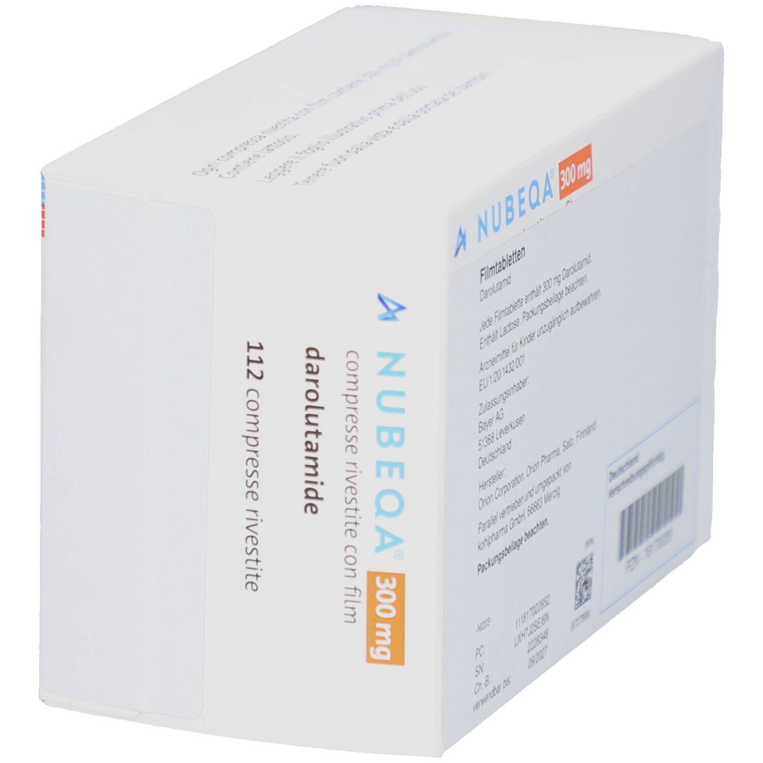 Schachtel NUBEQA 300 mg Filmtabletten. Aufdruck: 112 compresse rivestite con film, Bayer-Logo. Weiße Verpackung mit blauen und orangen Akzenten.
