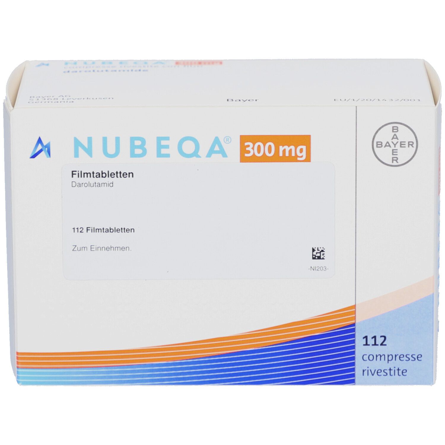 Schachtel NUBEQA 300 mg Filmtabletten. Aufdruck: 112 Filmtabletten, Bayer-Logo. Weiße Verpackung mit blauen und orangen Akzenten.