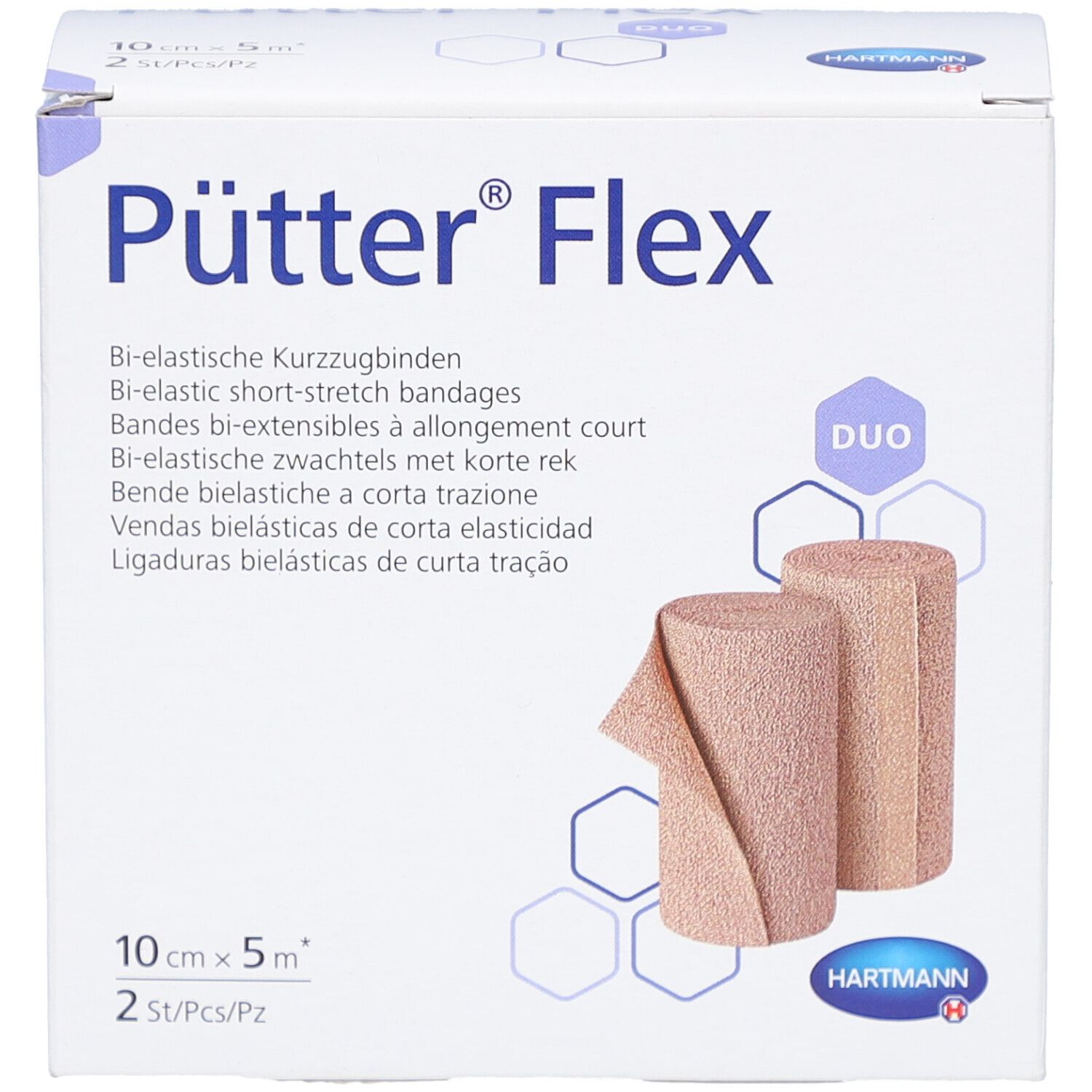 Verpackung von Pütter Flex. Zwei Rollen Kurzzugbinden, 10 cm x 5 m. Duo-Pack. Marke HARTMANN. Weißer Karton.