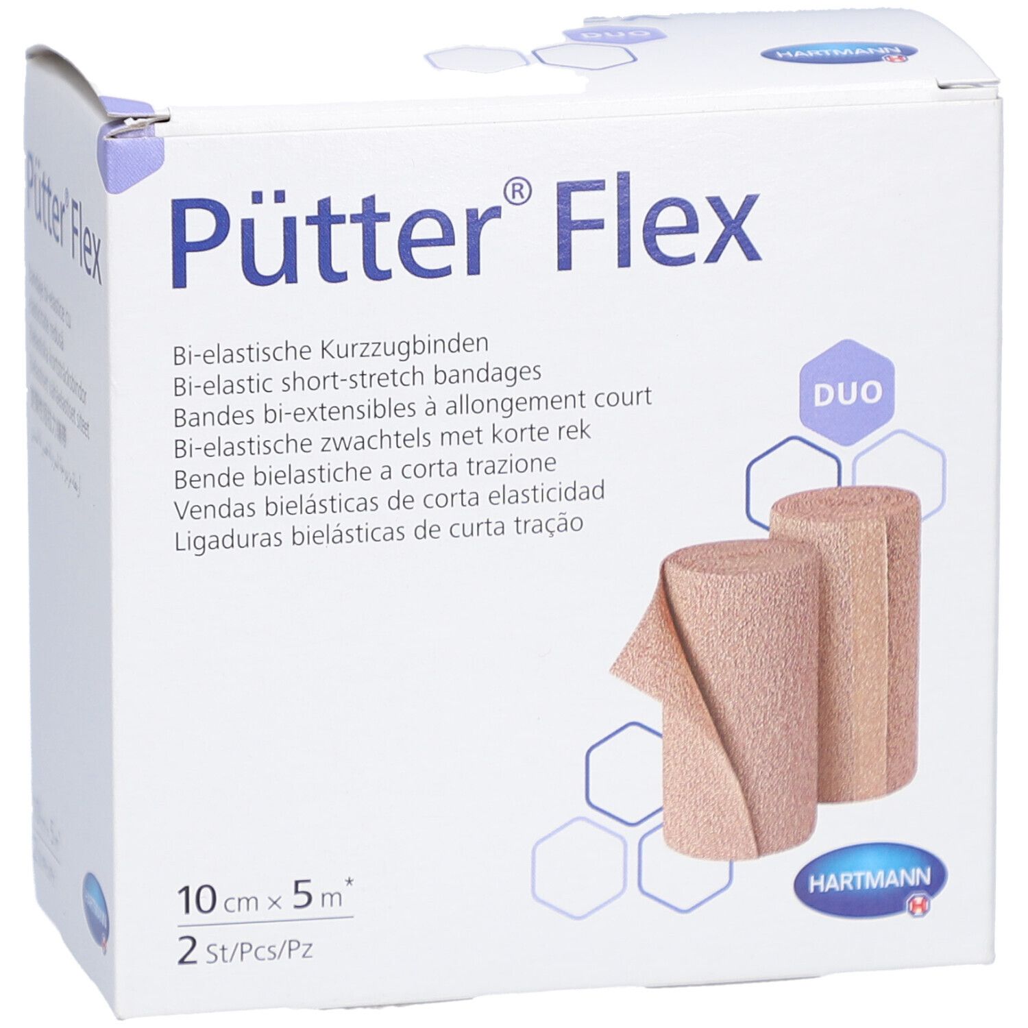 Verpackung von Pütter Flex. Zwei Rollen Kurzzugbinden, 10 cm x 5 m. Duo-Pack. Marke HARTMANN. Weißer Karton.