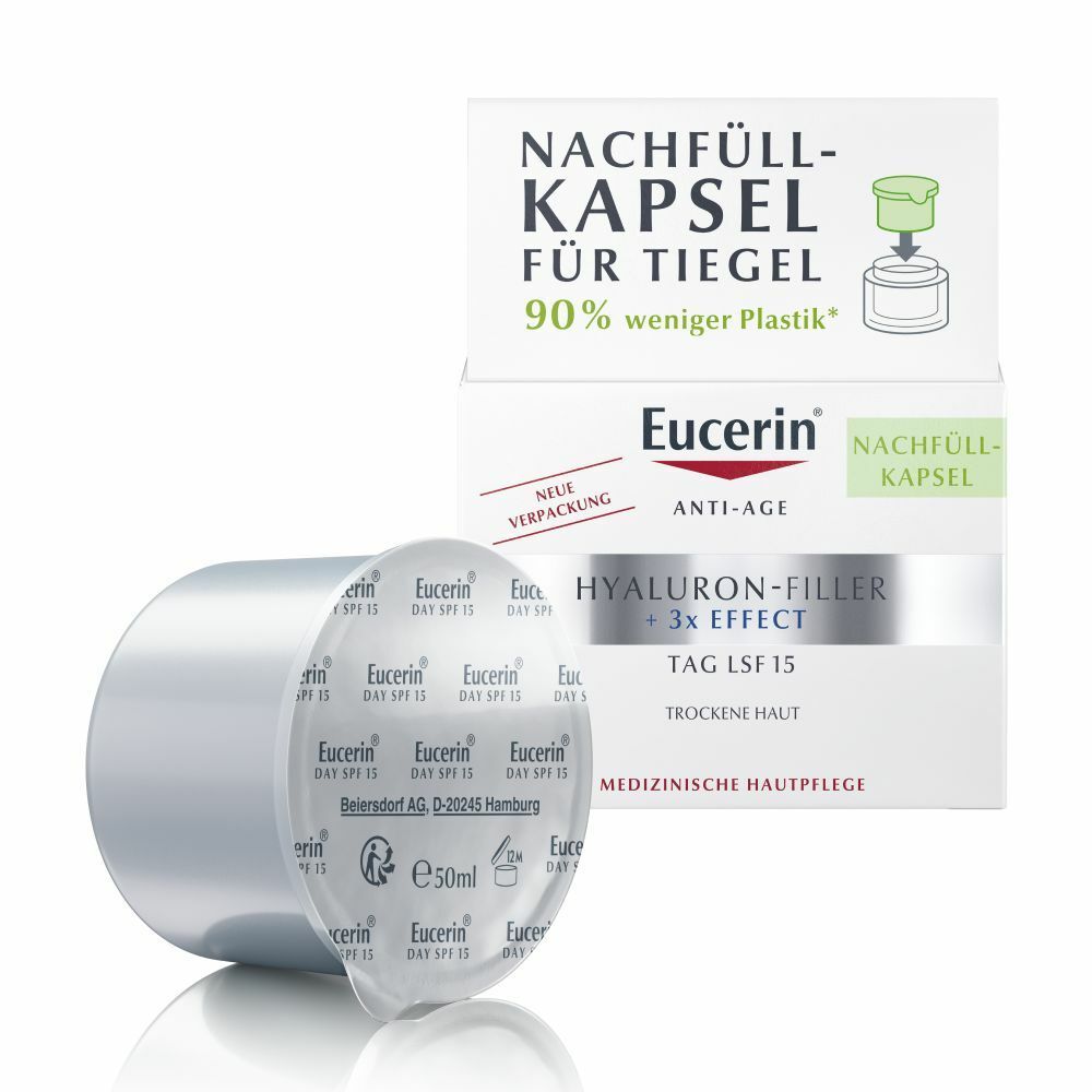 Eucerin® HYALURON-FILLER + 3x Effect Tag LSF 15 trockene Haut Nachfüllkapsel + Eucerin Hyaluron-Filler Intensiv-Maske GRATIS