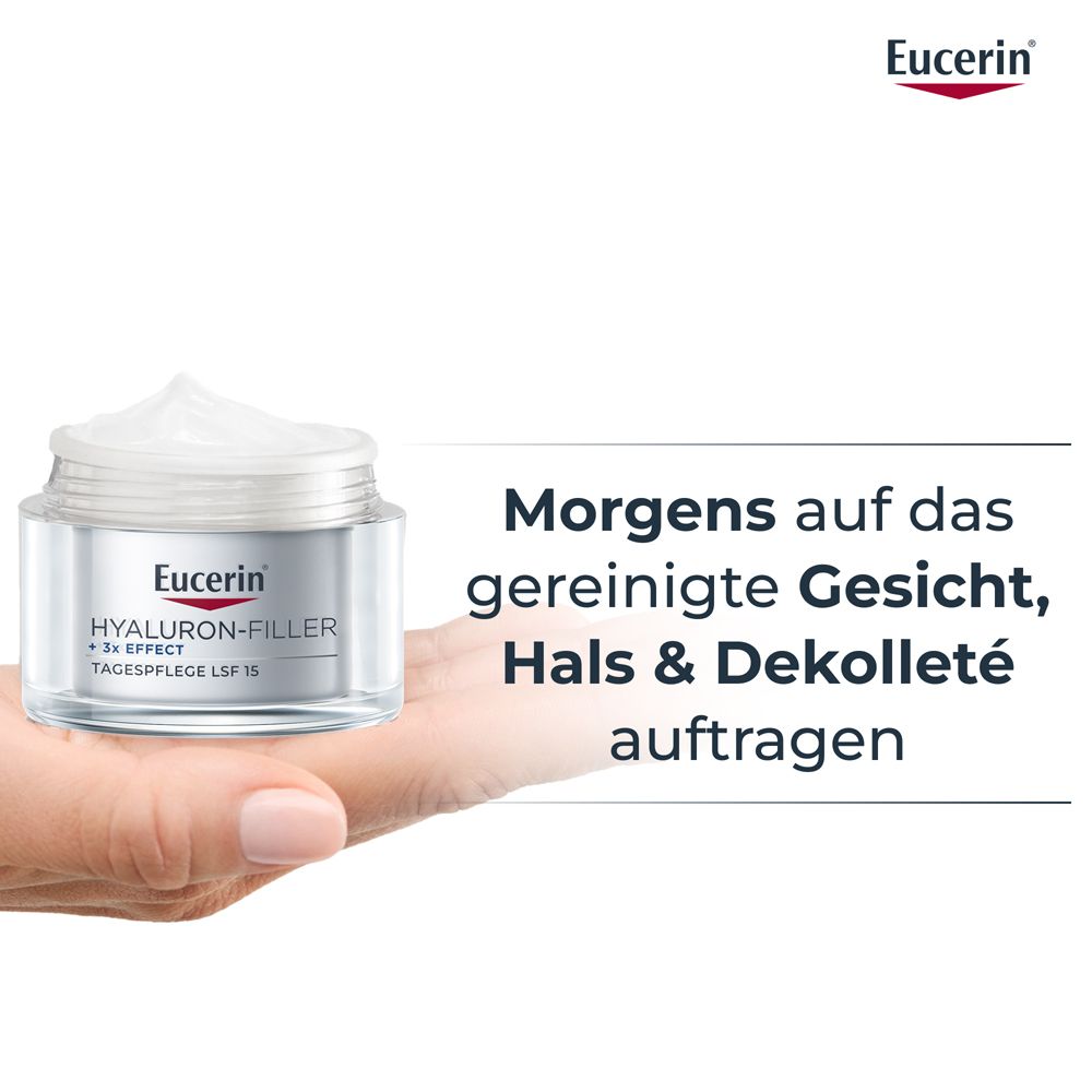 Hand hält Tiegel mit Creme. Text: Morgens auf Gesicht, Hals & Dekolleté auftragen. Eucerin Logo.