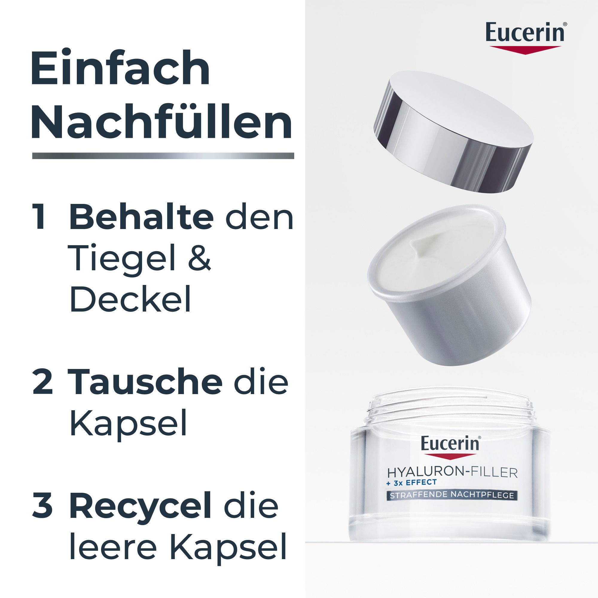 Anleitung zum Nachfüllen: 1. Tiegel & Deckel behalten. 2. Kapsel tauschen. 3. Leere Kapsel recyceln.