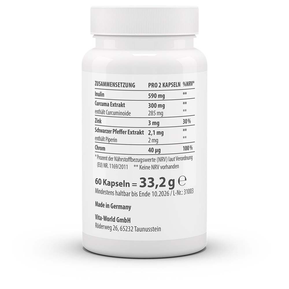 Rückseite der weißen Flasche. Auflistung der Inhaltsstoffe und Nährwerte. 60 Kapseln, 33,2g. Hergestellt in Deutschland.