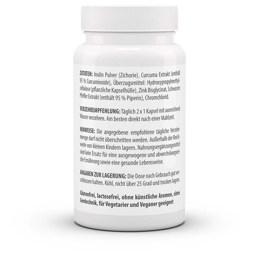 Rückseite der weißen Flasche. Auflistung der Zutaten, Verzehrempfehlung, Hinweise und Angaben zur Lagerung. Glutenfrei.