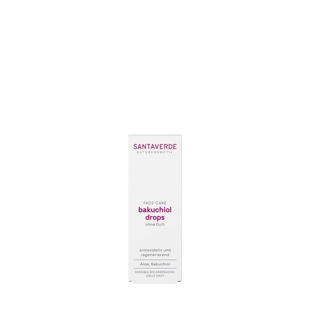 SANTAVERDE Bakuchiol Drops Verpackung. Weiß, rosa Schrift. Gesichtspflege.