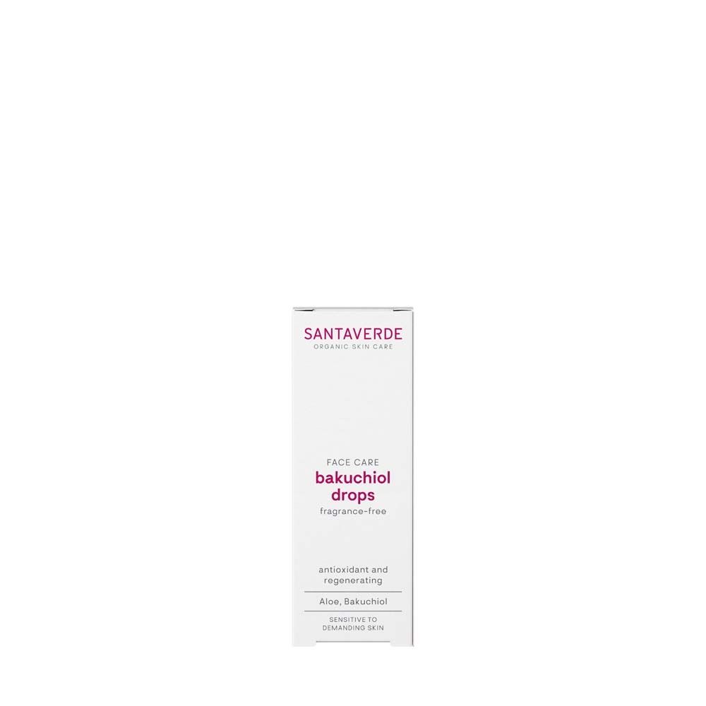 SANTAVERDE Bakuchiol Drops Verpackung. Weiß, rosa Schrift. Gesichtspflege, ohne Duft.