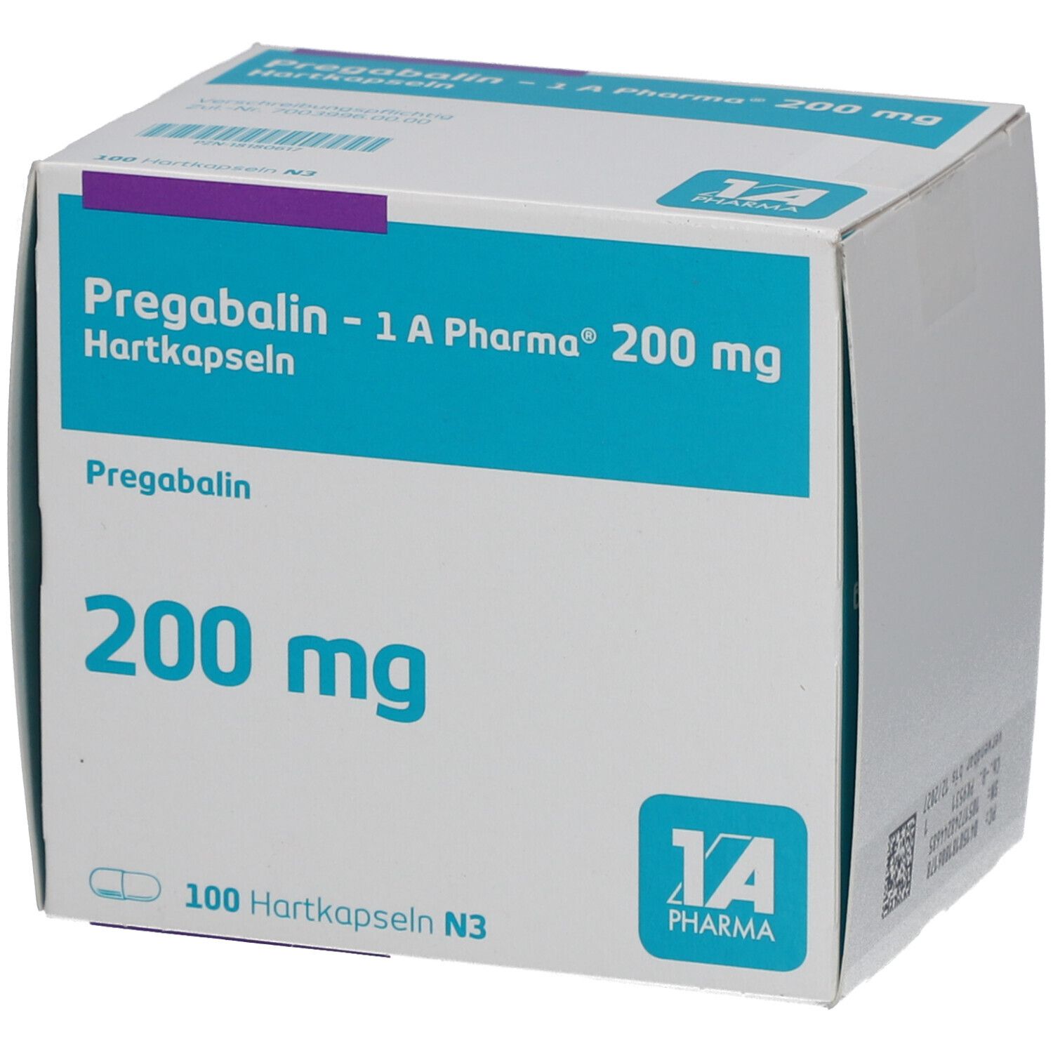 Schachtel mit PREGABALIN-1A Pharma 200 mg Hartkapseln. Blaue und weiße Verpackung mit Produktnamen und Dosierung.