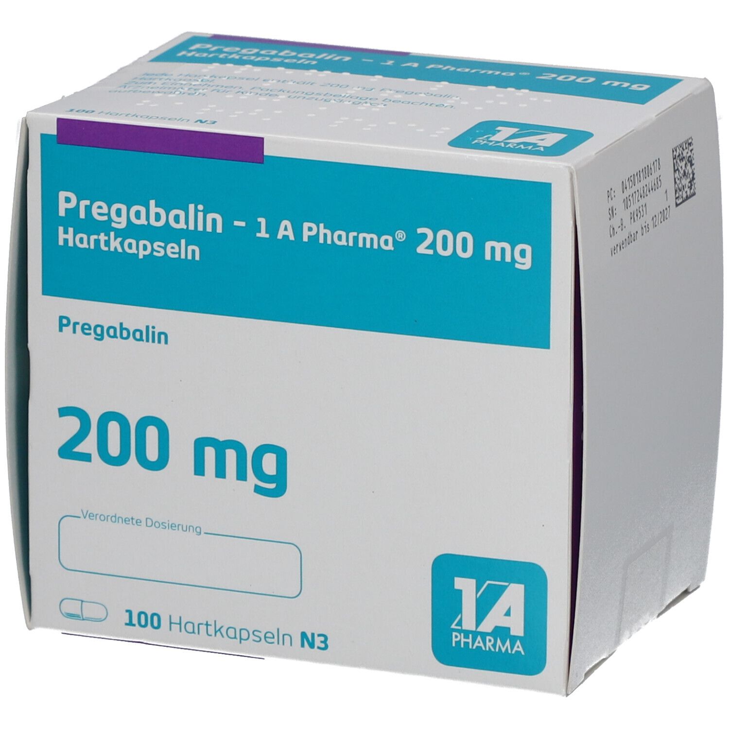 Schachtel PREGABALIN-1A Pharma 200 mg Hartkapseln. Verpackung mit Produktnamen, Dosierung und Logo.