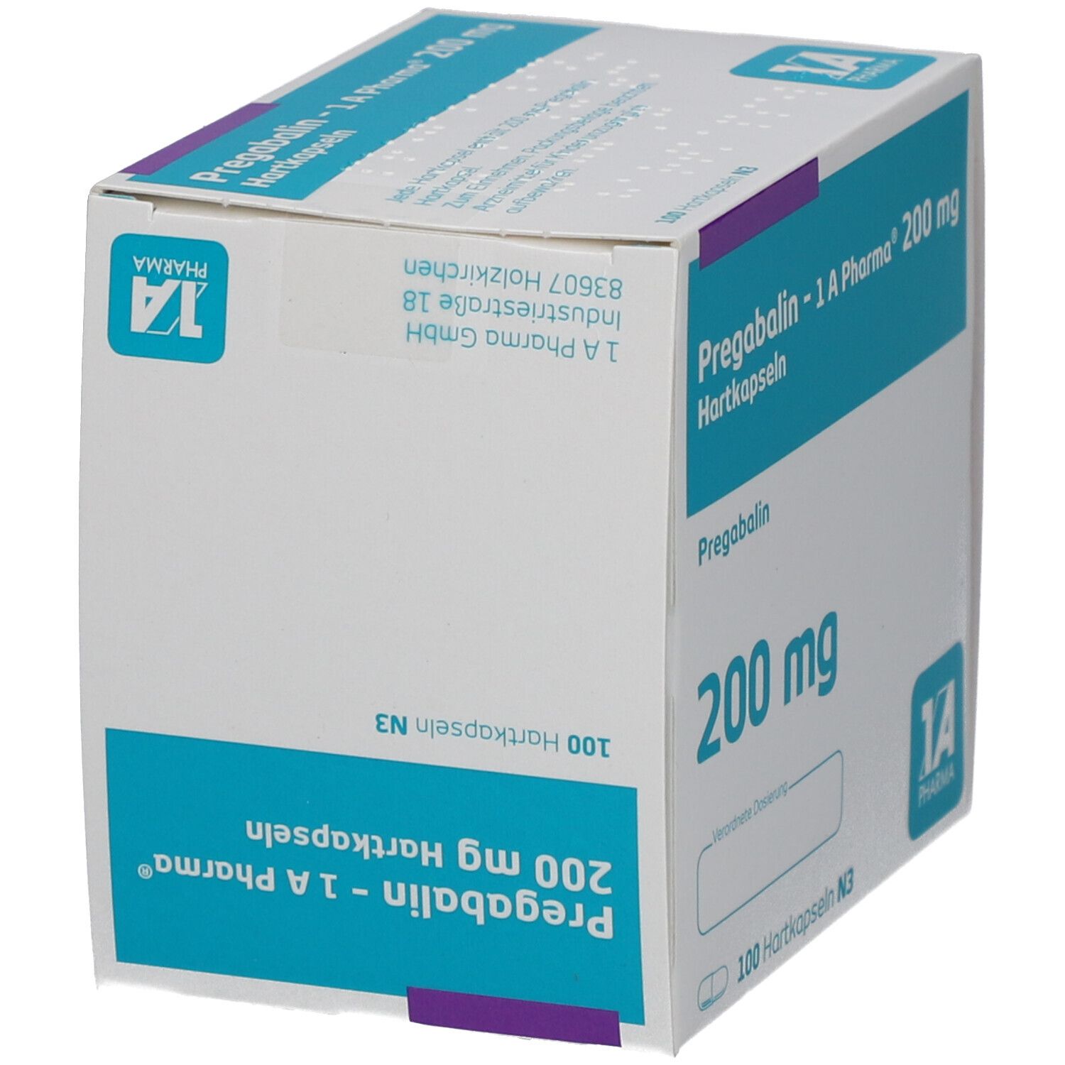 Schachtel PREGABALIN-1A Pharma 200 mg Hartkapseln. Verpackung mit Produktnamen, Dosierung und Logo.