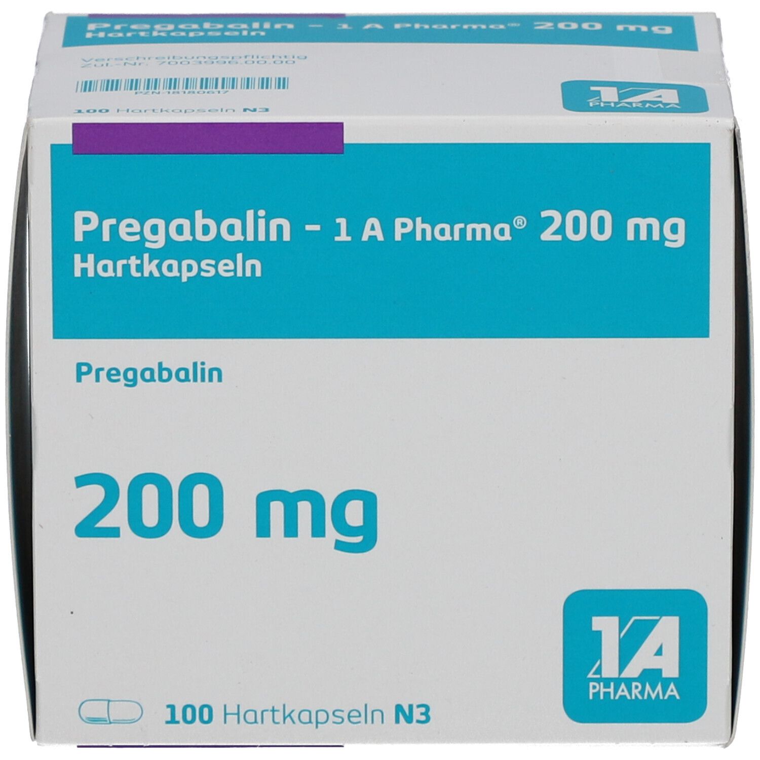 Schachtel PREGABALIN-1A Pharma 200 mg Hartkapseln. Verpackung mit Produktnamen, Dosierung und Logo.