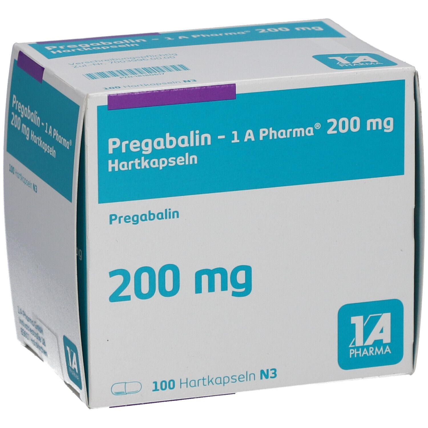 Schachtel PREGABALIN-1A Pharma 200 mg Hartkapseln. Verpackung mit Produktnamen, Dosierung und Logo.