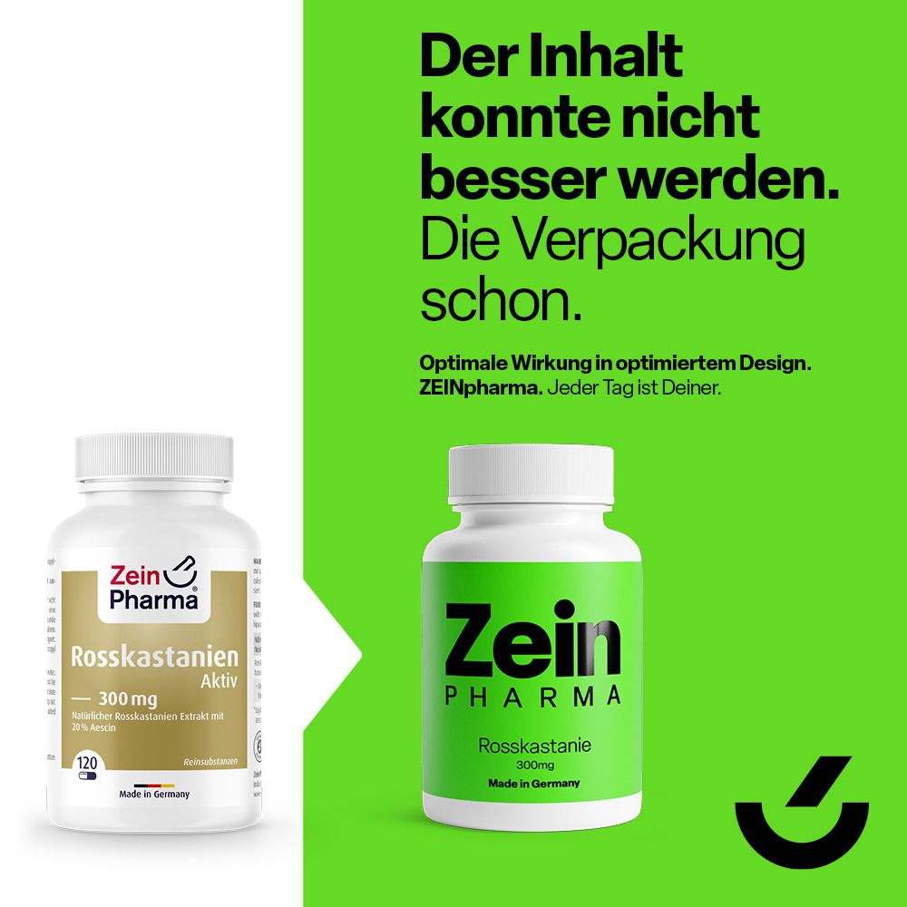 Vergleich von zwei Flaschen. Links: älteres Design. Rechts: neues Design. Grüner Hintergrund mit Text.