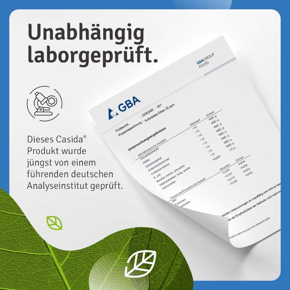 Text: Unabhängig laborgeprüft. Zertifikat mit Analyseergebnissen. Produkt: Casida Kolloidales Silber 25 ppm.